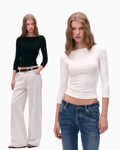LEIYU LABS Off Shoulder Cross Neck Knit Top for Women Simple Short Sleeve Long Sleeve T Shirt with Right Angle Shoulders UTP609A001 image 0