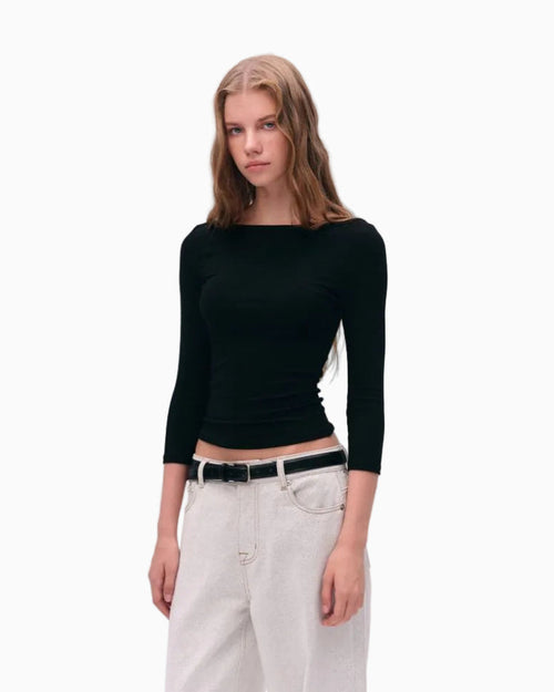 LEIYU LABS Off Shoulder Cross Neck Knit Top for Women Simple Short Sleeve Long Sleeve T Shirt with Right Angle Shoulders UTP609A001 image 1
