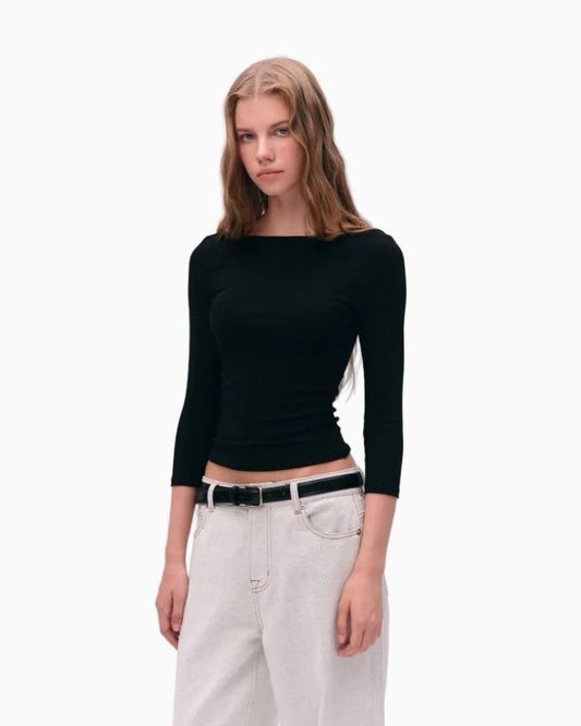 LEIYU LABS Off Shoulder Cross Neck Knit Top for Women Simple Short Sleeve Long Sleeve T Shirt with Right Angle Shoulders UTP609A001 image 1