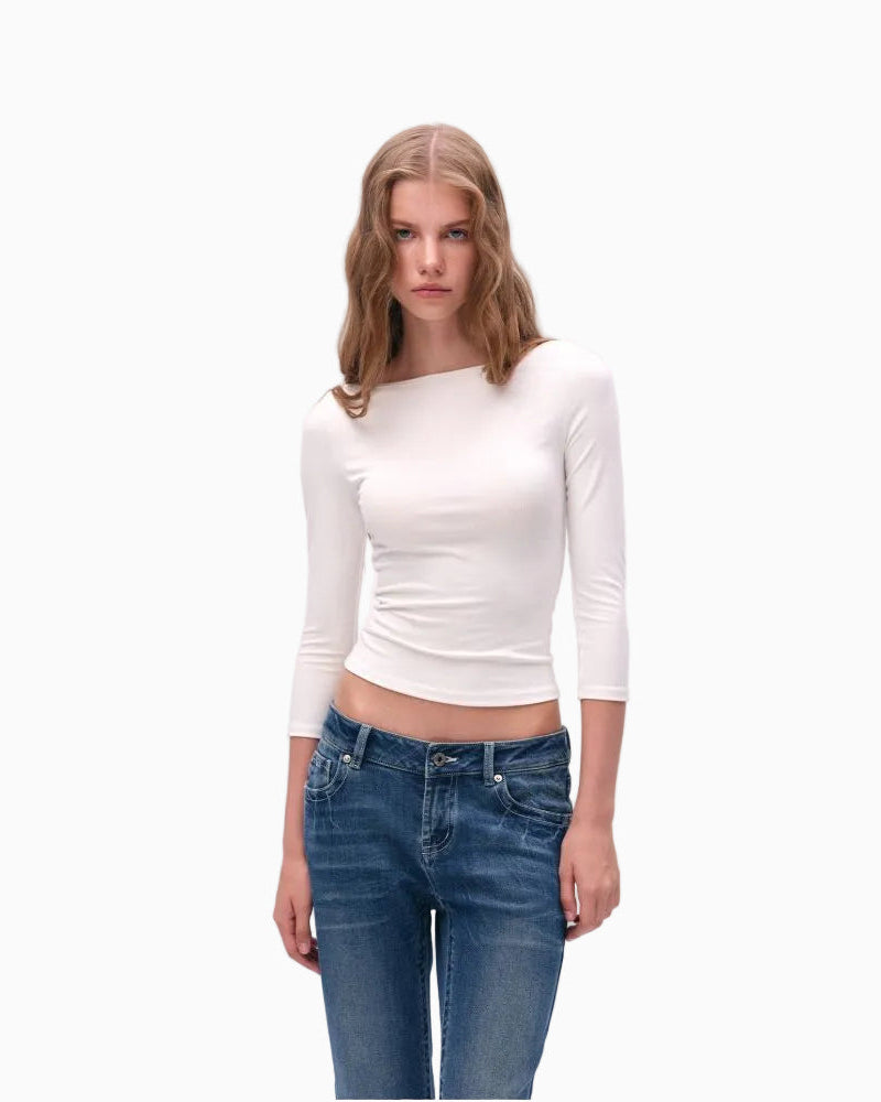 LEIYU LABS Off Shoulder Cross Neck Knit Top for Women Simple Short Sleeve Long Sleeve T Shirt with Right Angle Shoulders UTP609A001 image 2
