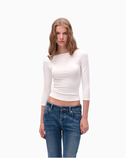 LEIYU LABS Off Shoulder Cross Neck Knit Top for Women Simple Short Sleeve Long Sleeve T Shirt with Right Angle Shoulders UTP609A001 image 2