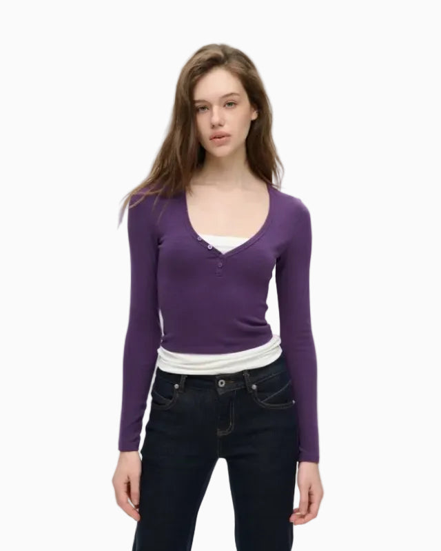LEIYU LABS Color Block Faux Two Piece V Neck Long Sleeve Base Layer Top for Women Winter 2026 New Style Fitted Long Sleeve Top UTP609A009 image 0