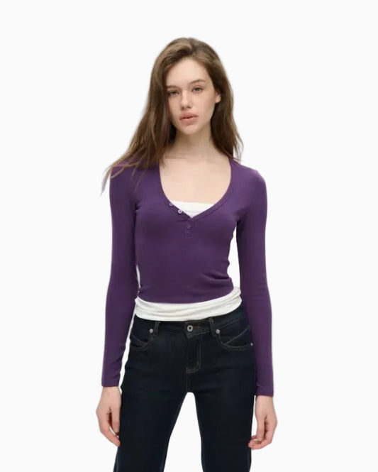 LEIYU LABS Color Block Faux Two Piece V Neck Long Sleeve Base Layer Top for Women Winter 2026 New Style Fitted Long Sleeve Top UTP609A009 image 0