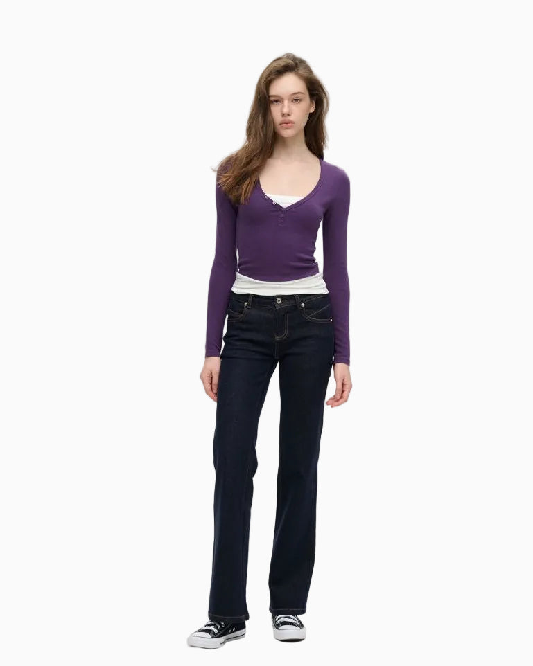 LEIYU LABS Color Block Faux Two Piece V Neck Long Sleeve Base Layer Top for Women Winter 2026 New Style Fitted Long Sleeve Top UTP609A009 image 3