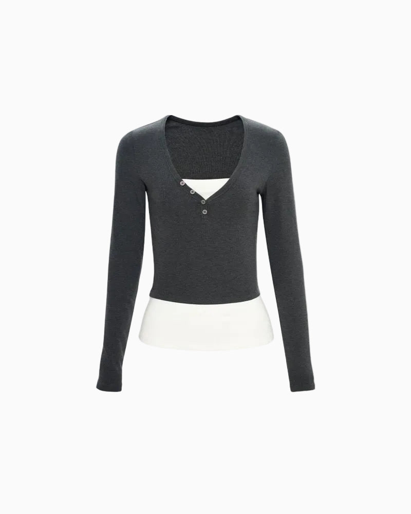 Layered-Look V-Neck Knit Top
