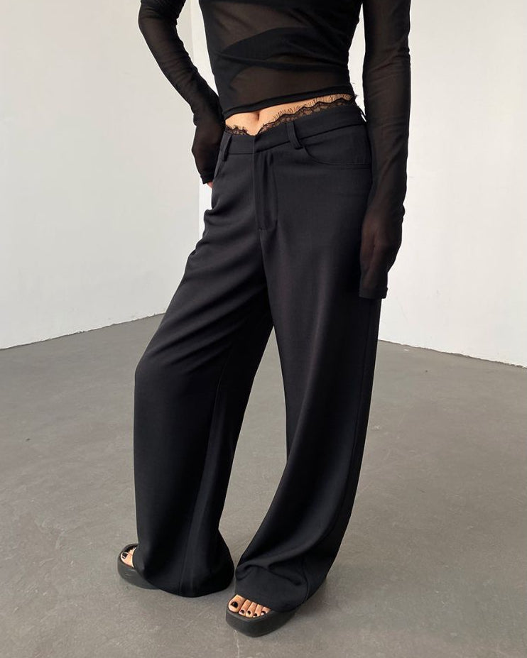 AcupStudio Jiangyoushang Black Lace Trimmed Casual Pants for Women Summer Wide Leg Floor Length Suit Pants LPT609A003 image 1