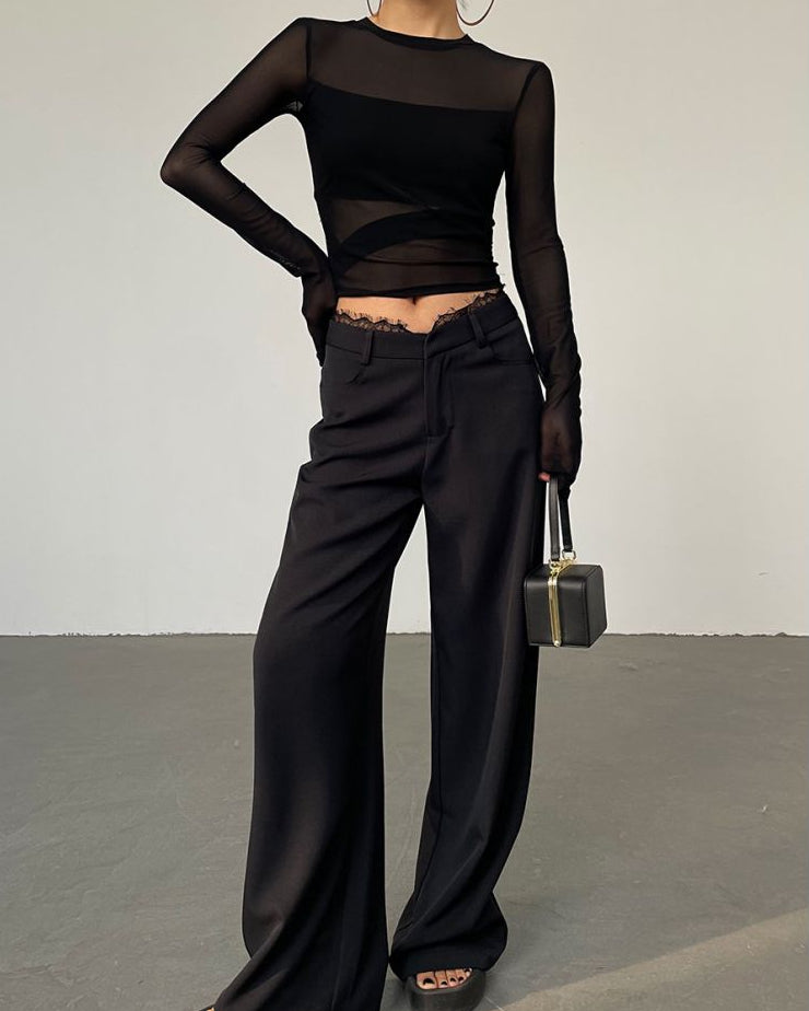 AcupStudio Jiangyoushang Black Lace Trimmed Casual Pants for Women Summer Wide Leg Floor Length Suit Pants LPT609A003 image 4