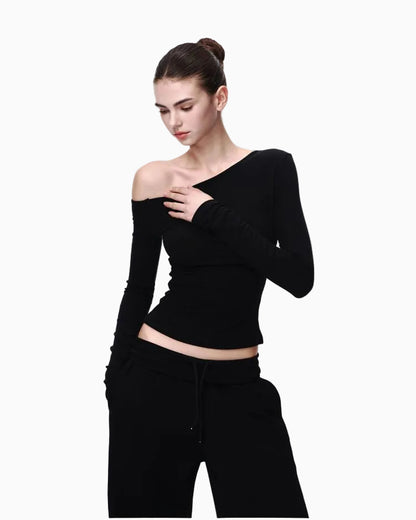 JLAUNT Black Long Sleeve T Shirt for Women Stylish Off Shoulder Short Sleeve T Shirt American Hot Girl Style One Shoulder Top UTP609A017 image 1