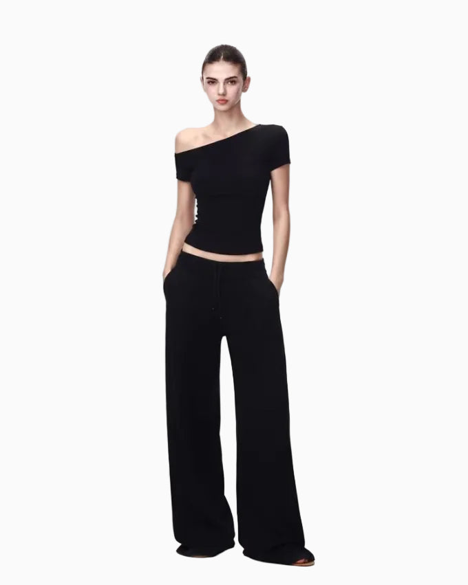 JLAUNT Black Long Sleeve T Shirt for Women Stylish Off Shoulder Short Sleeve T Shirt American Hot Girl Style One Shoulder Top UTP609A017 image 2