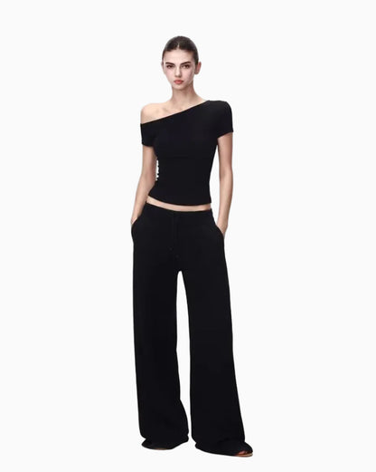 JLAUNT Black Long Sleeve T Shirt for Women Stylish Off Shoulder Short Sleeve T Shirt American Hot Girl Style One Shoulder Top UTP609A017 image 2