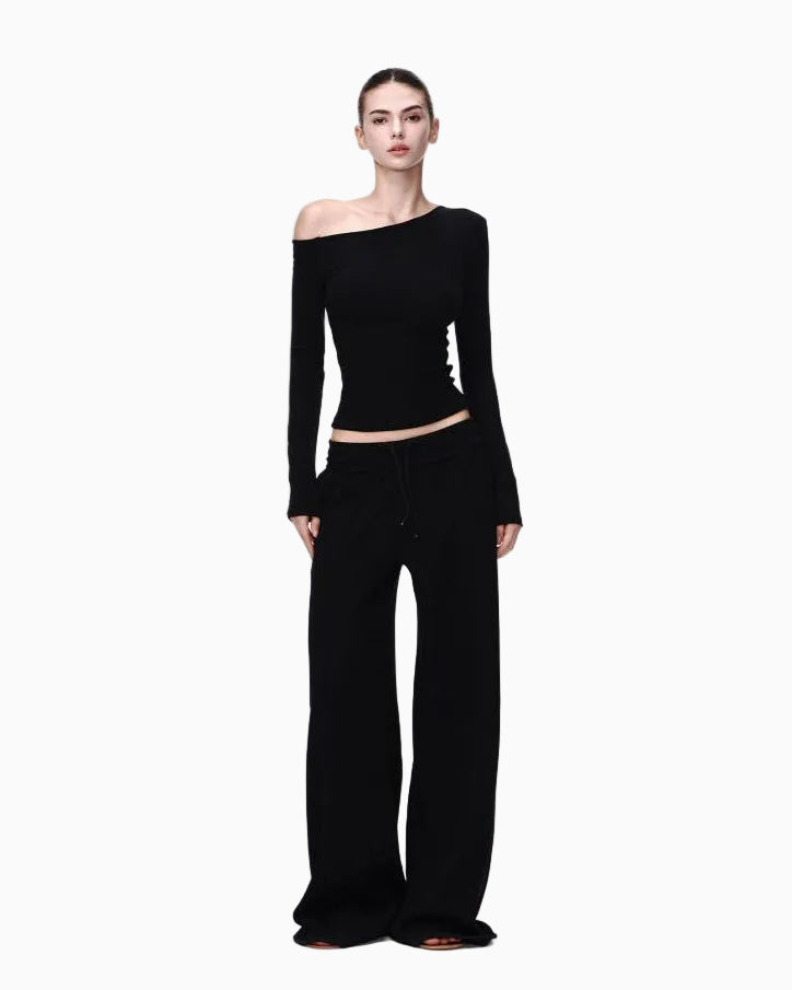 JLAUNT Black Long Sleeve T Shirt for Women Stylish Off Shoulder Short Sleeve T Shirt American Hot Girl Style One Shoulder Top UTP609A017 image 3