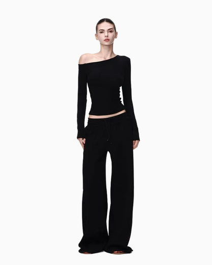 JLAUNT Black Long Sleeve T Shirt for Women Stylish Off Shoulder Short Sleeve T Shirt American Hot Girl Style One Shoulder Top UTP609A017 image 3