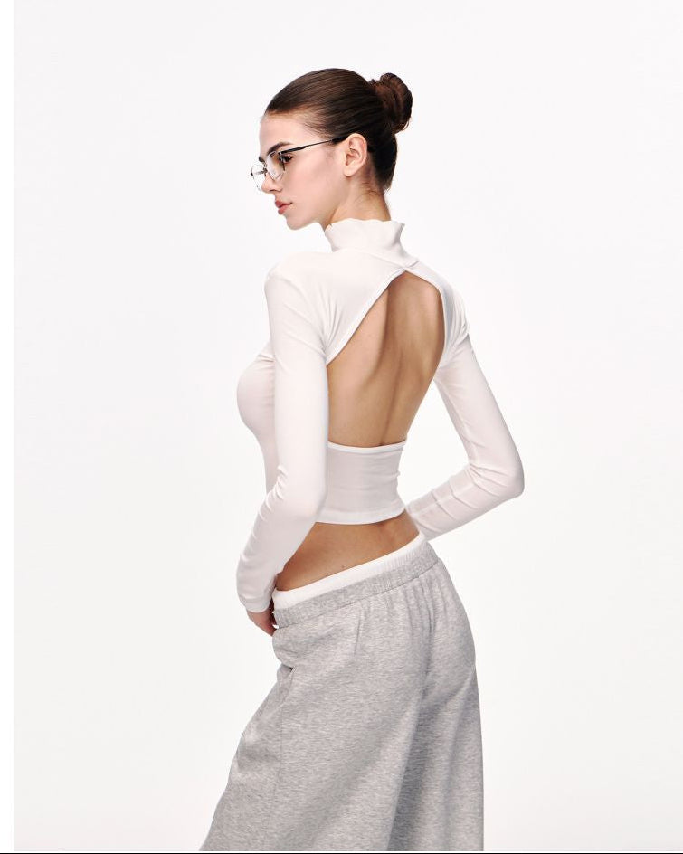 JLAUNT Tencel Long Sleeve T Shirt for Women Designer Hollow Out Style American Chic High Neck Black Backless Top UTP609A019 image 4