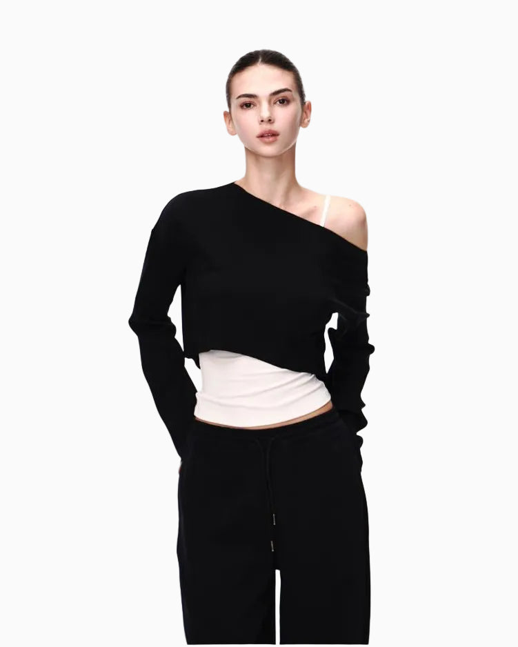 JLAUNT Tencel Long Sleeve T Shirt for Women Early Autumn Loose Fit Slimming Versatile Relaxed American Chic Style Off Shoulder Knit Top UTP609A022 image 2