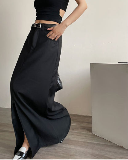 AcupStudio Jiang Youshang American style black high end midi skirt for women niche design with slit skirt LSK609A003 image 0