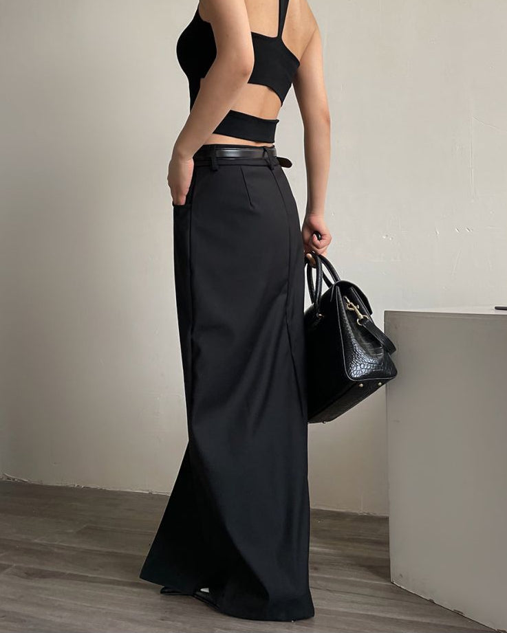AcupStudio Jiang Youshang American style black high end midi skirt for women niche design with slit skirt LSK609A003 image 1