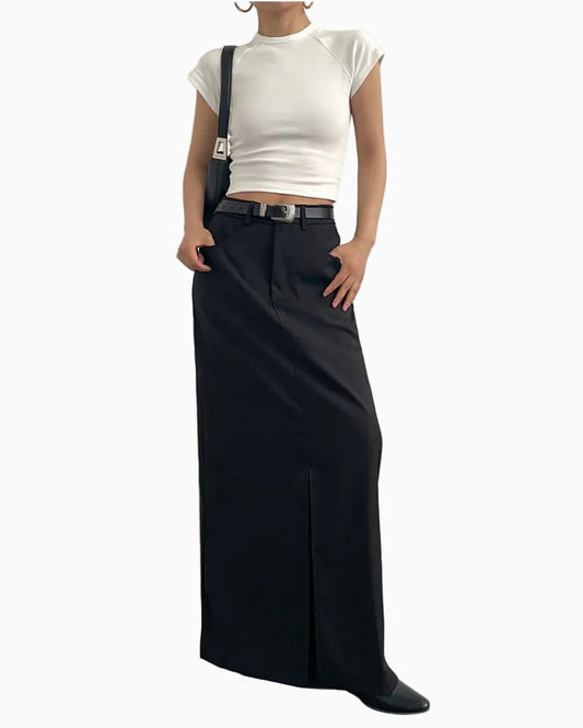 AcupStudio Jiang Youshang American style black high end midi skirt for women niche design with slit skirt LSK609A003 image 2
