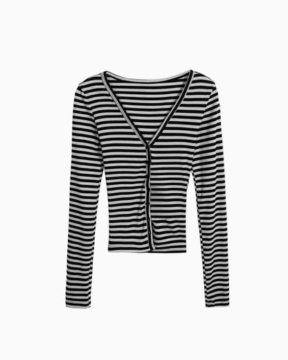 GOGO BURN American Retro Striped Slim Fit Long Sleeve T Shirt Women s Autumn Short Base Layer Hot Girl V Neck Top UTP609A030 image 4