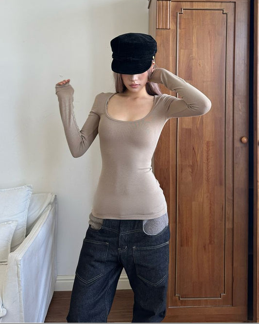GOGOBURN Hot Girl Khaki U Neck Long Sleeve T Shirt for Women 2026 Autumn Hot Item Slim Fit Base Layer Top UTP609A040 image 0