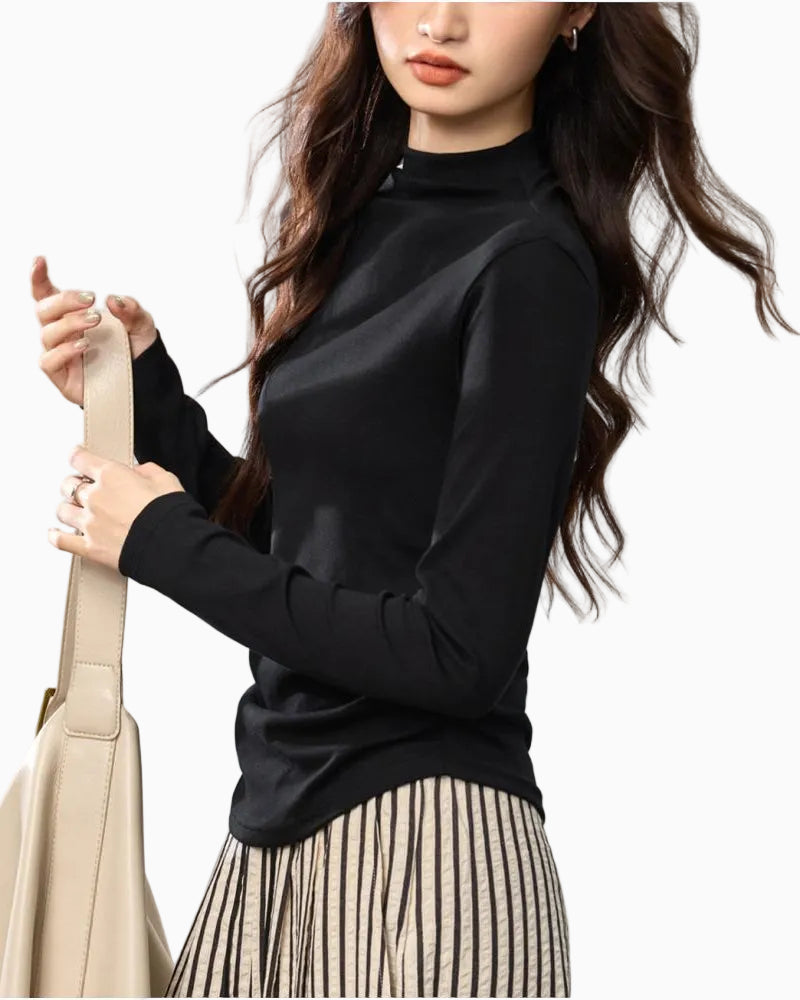 Combed Cotton Mock Neck Fitted Top