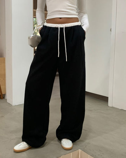 Contrast Waist Drawstring Wide-Leg Pants