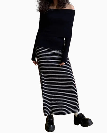 GOGO BURN Black Wool Striped High Waisted A Line Skirt for Women 2026 Autumn New Style Knitted Casual Skirt LSK609A005 image 0