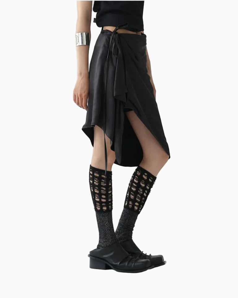Acestudios uniquely designed irregular satin midi skirt with a high waist and tie detail featuring a wrap around design LSK609A007 image 4