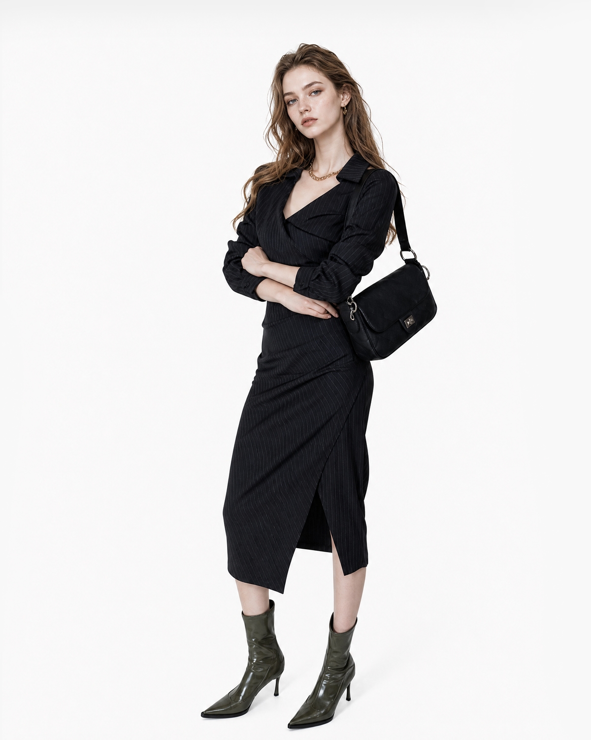 Pinstripe Wrap Shirt Dress