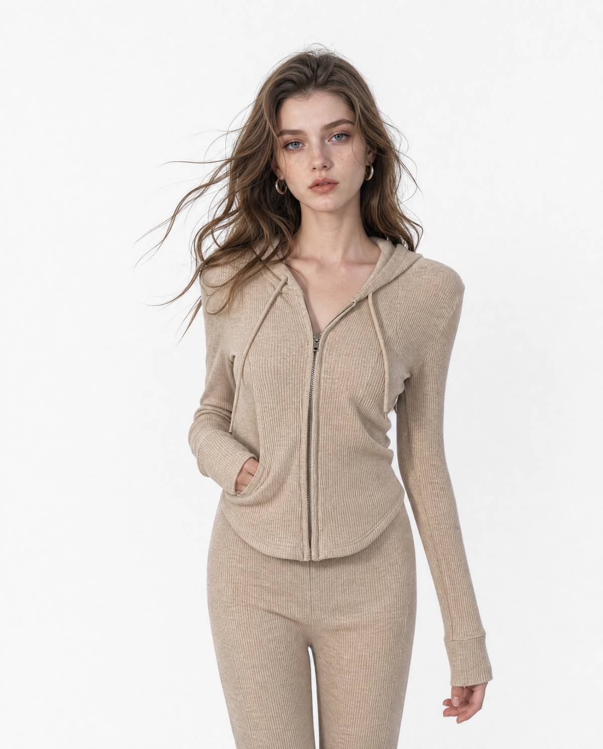 Ribbed Zip-Up Hoodie & Flared Pants Set