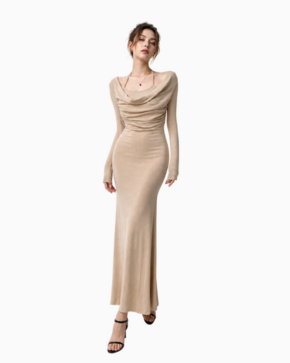 Draped Neck Bodycon Layered-Look Maxi Dress
