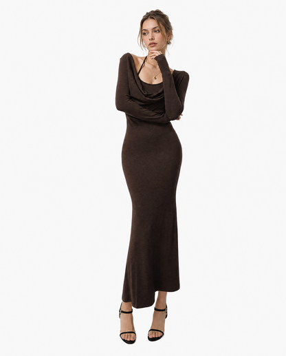 Draped Neck Bodycon Layered-Look Maxi Dress