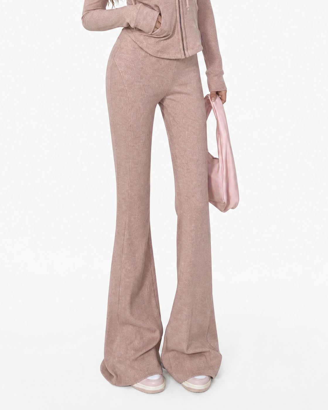 Ribbed Zip-Up Hoodie & Flared Pants Set
