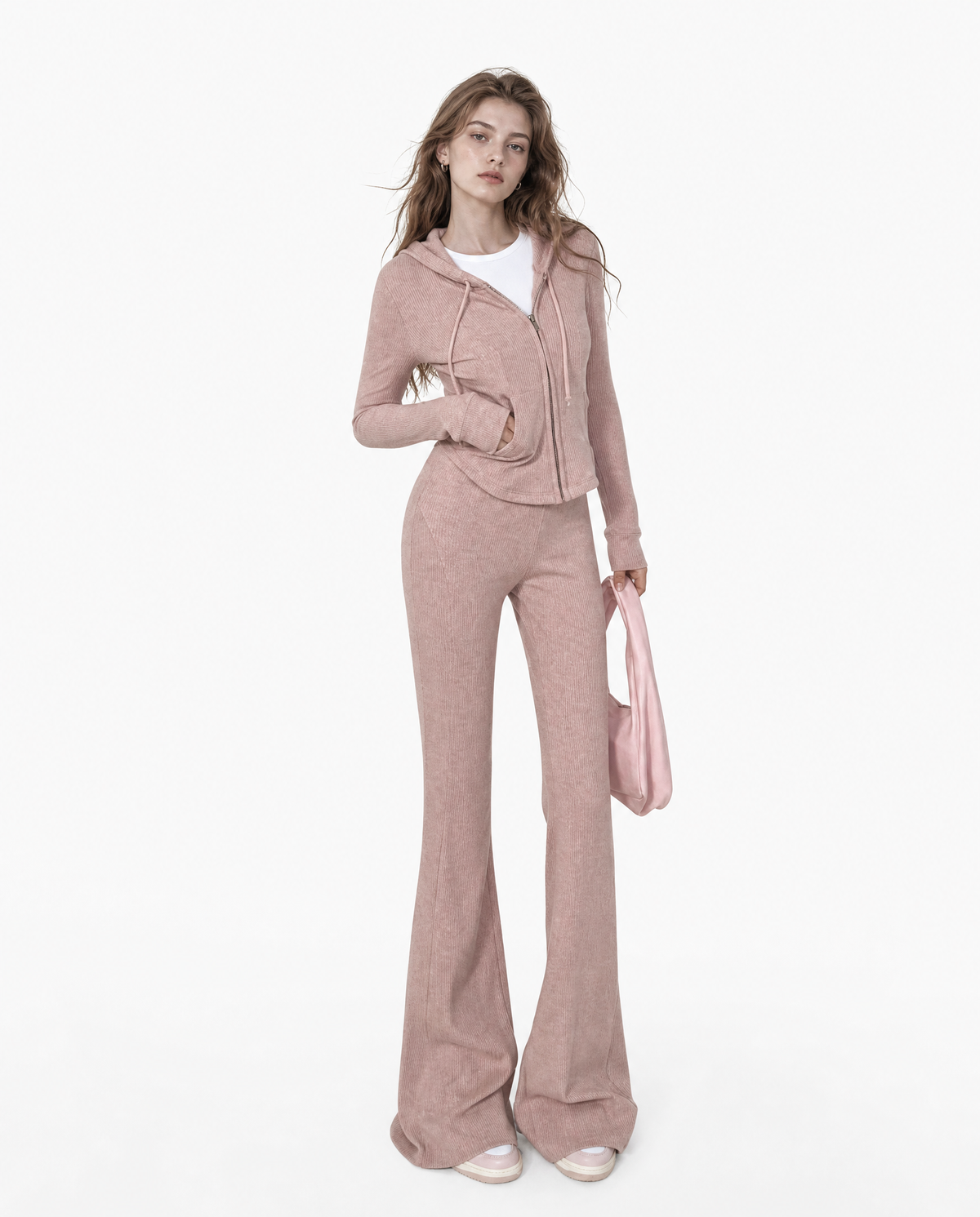 Ribbed Zip-Up Hoodie & Flared Pants Set