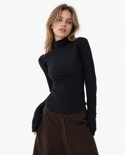 Slim Mock Neck Curved Hem Top