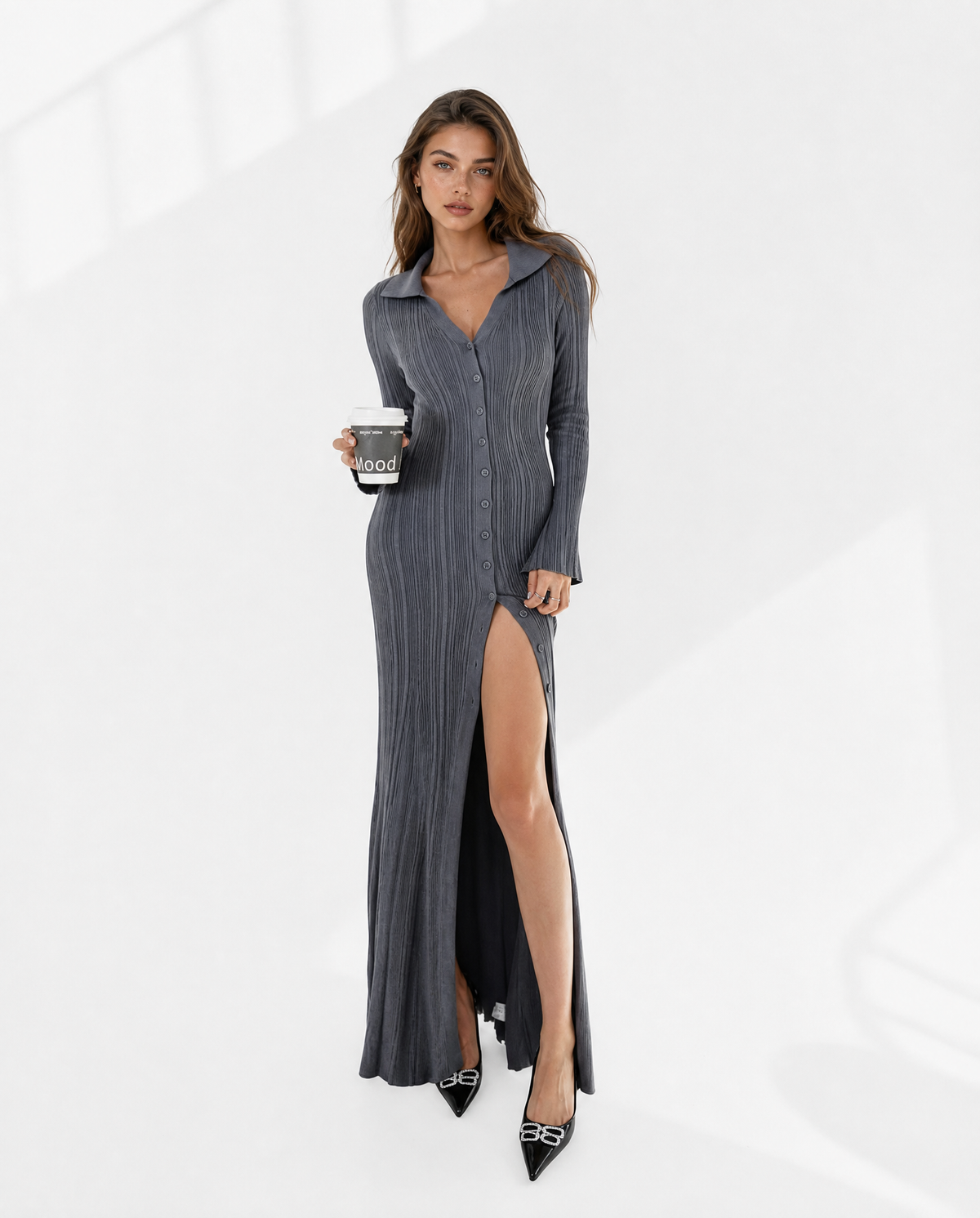 Ribbed Polo Button-Front Maxi Dress