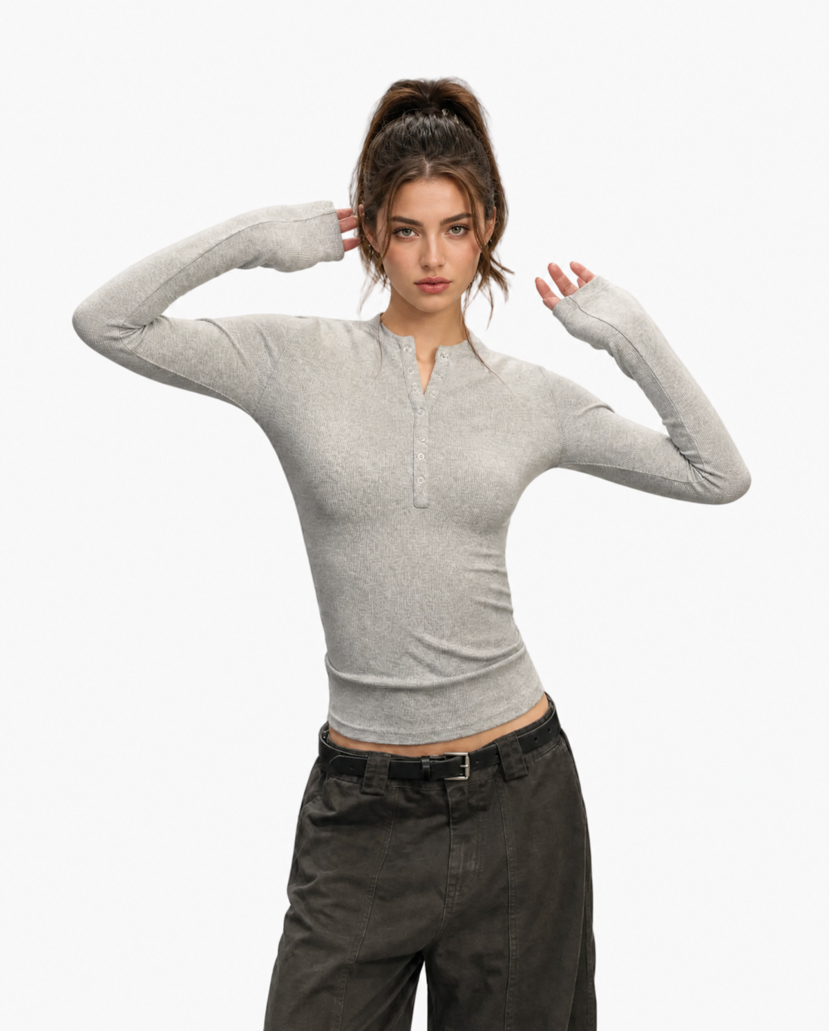Snap-Button Henley Flared-Sleeve Top