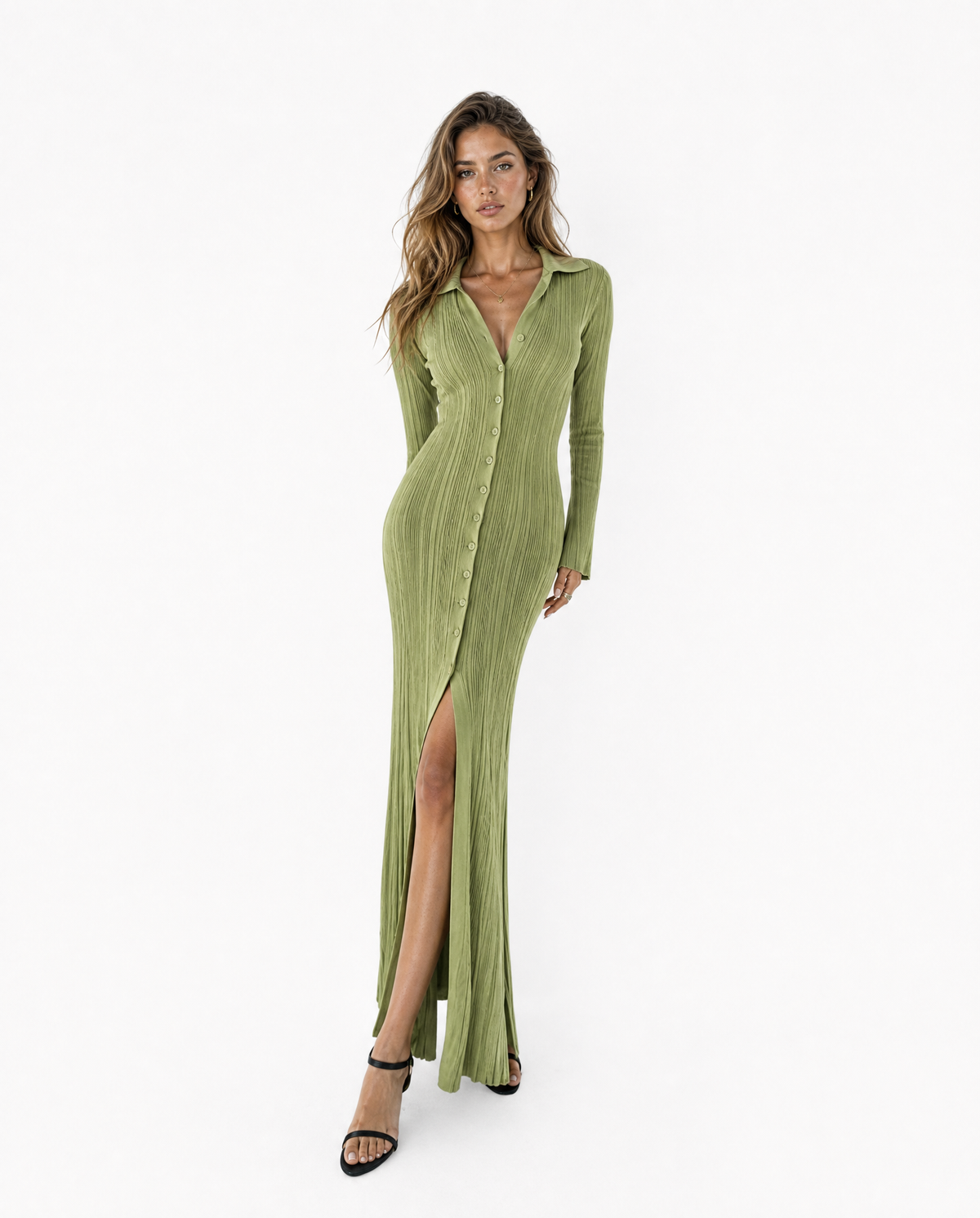 Ribbed Polo Button-Front Maxi Dress