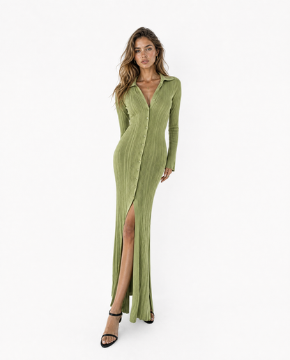 Ribbed Polo Button-Front Maxi Dress