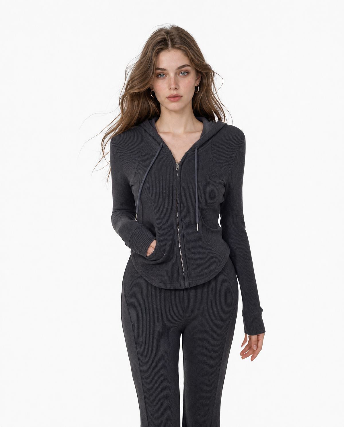 Ribbed Zip-Up Hoodie & Flared Pants Set