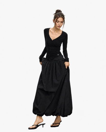 Low-Rise Bubble Hem Maxi Skirt