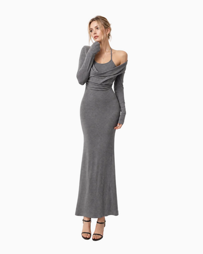 Draped Neck Bodycon Layered-Look Maxi Dress