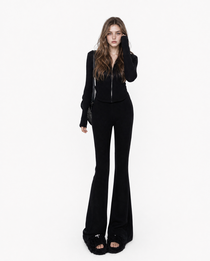 Ribbed Zip-Up Hoodie & Flared Pants Set