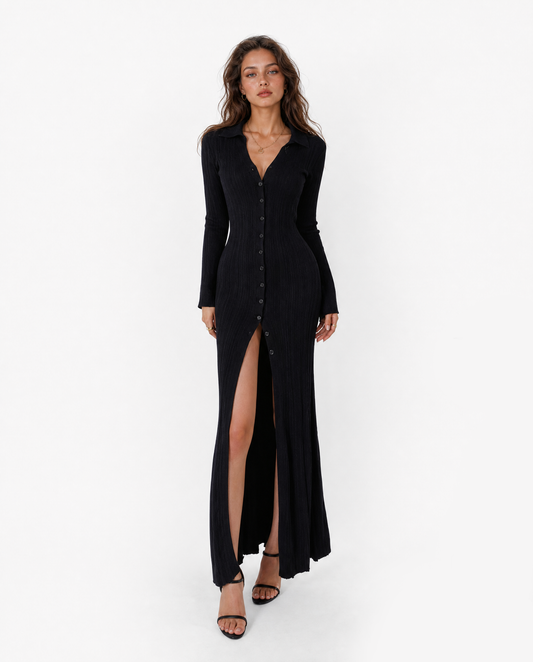 Ribbed Polo Button-Front Maxi Dress