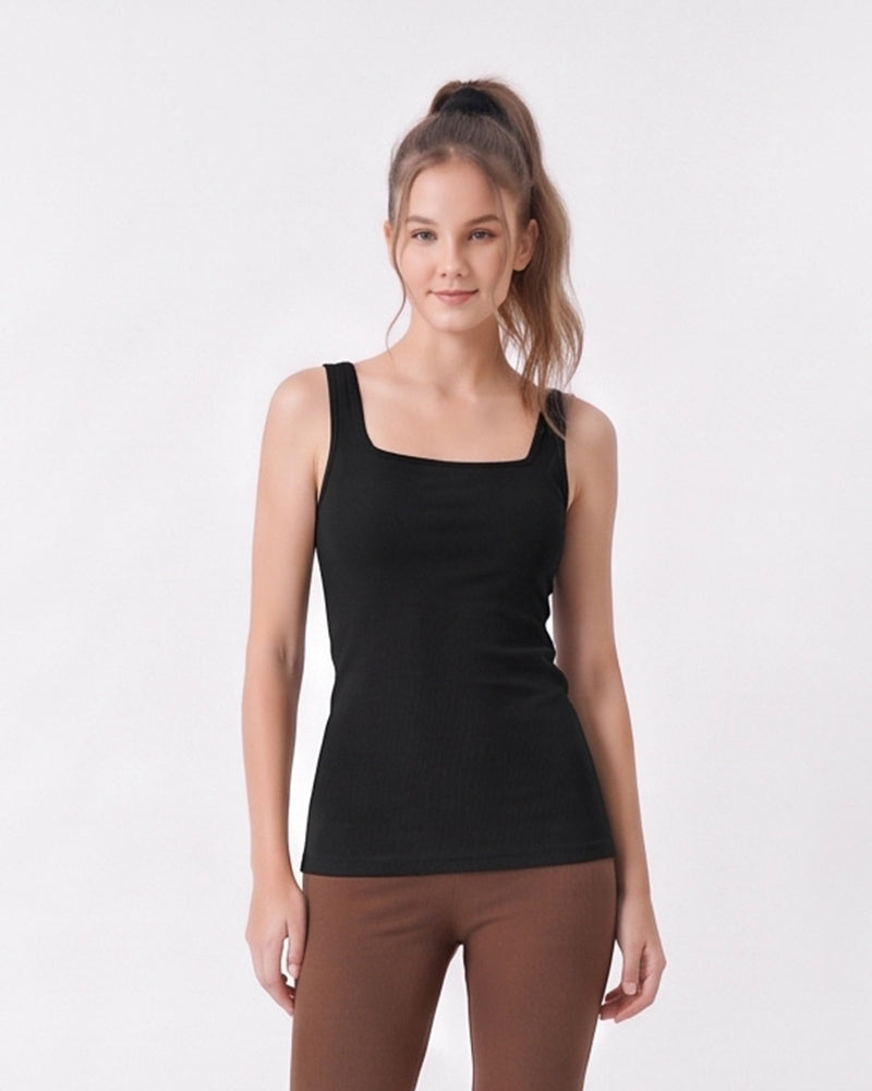 Ribbed Square Neck Built-In Bra Tank Top