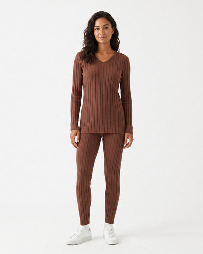 Ribbed V-Neck Long Sleeve Two-piece Set