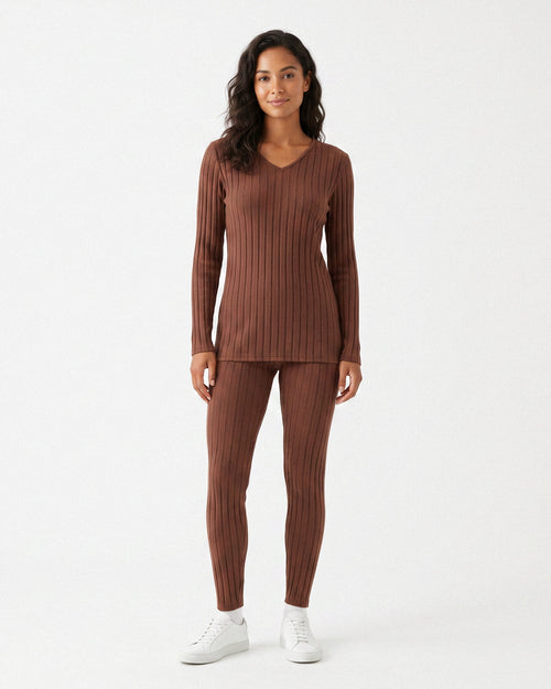 Ribbed V-Neck Long Sleeve Two-piece Set