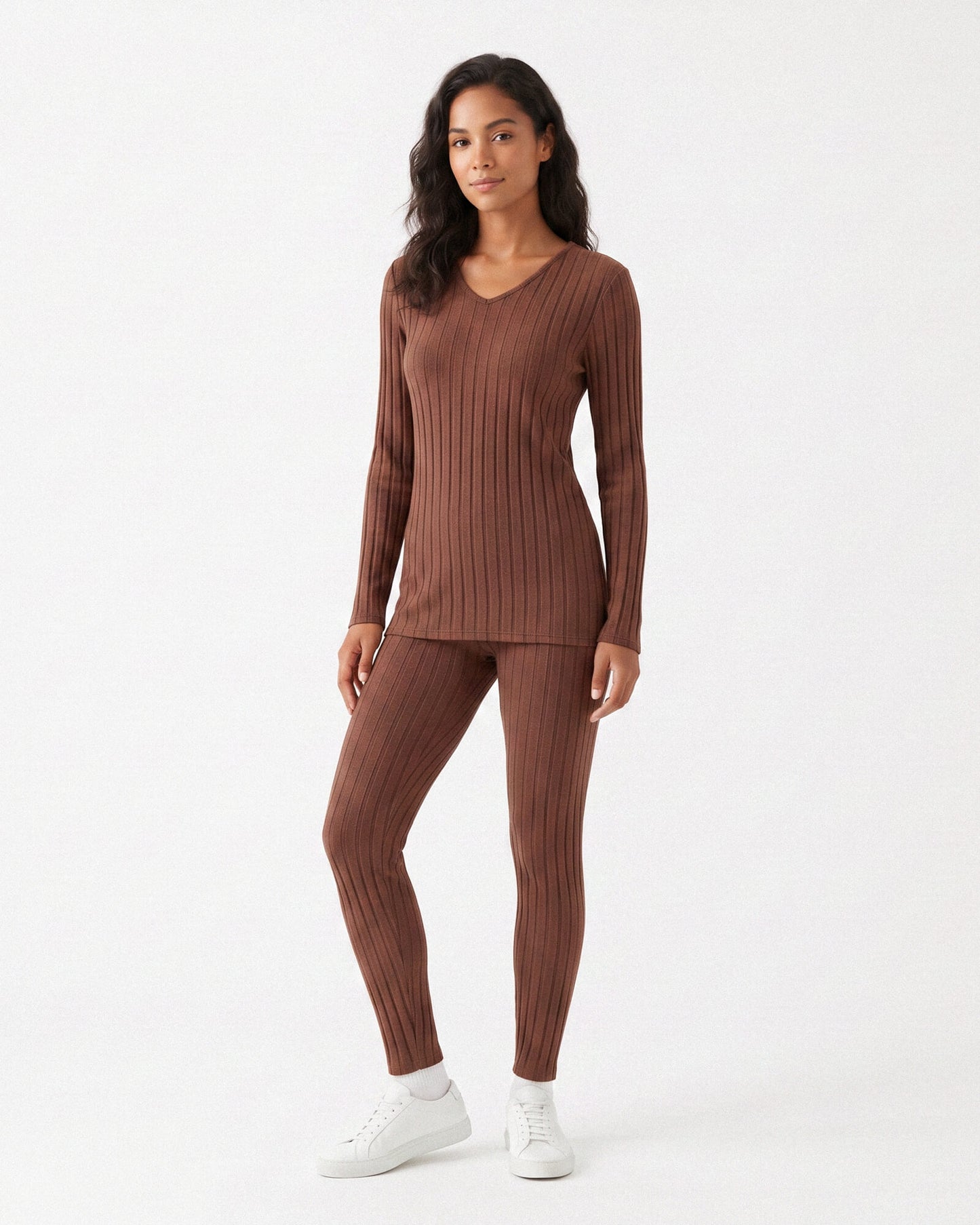 Ribbed V-Neck Long Sleeve Two-piece Set