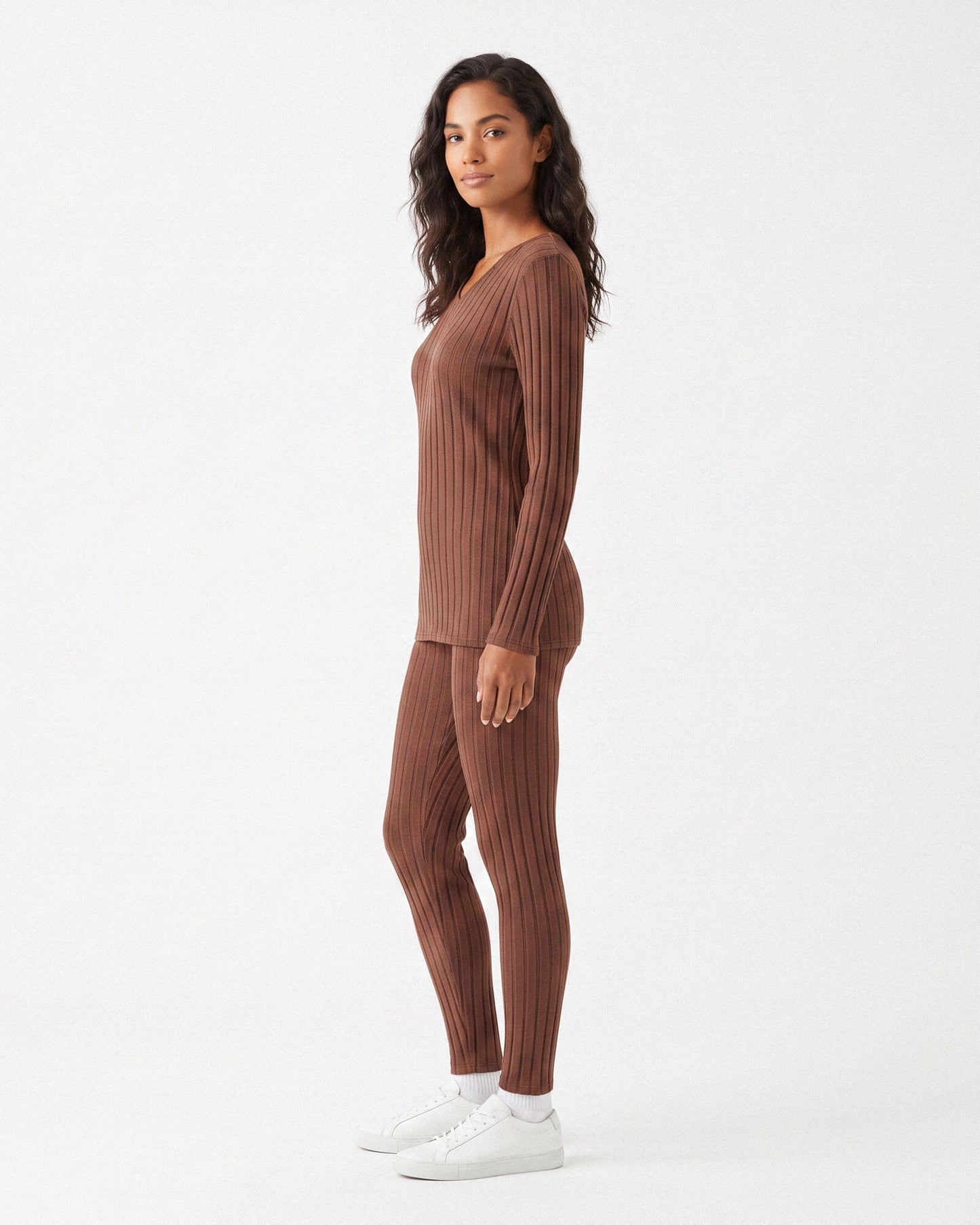 Ribbed V-Neck Long Sleeve Two-piece Set