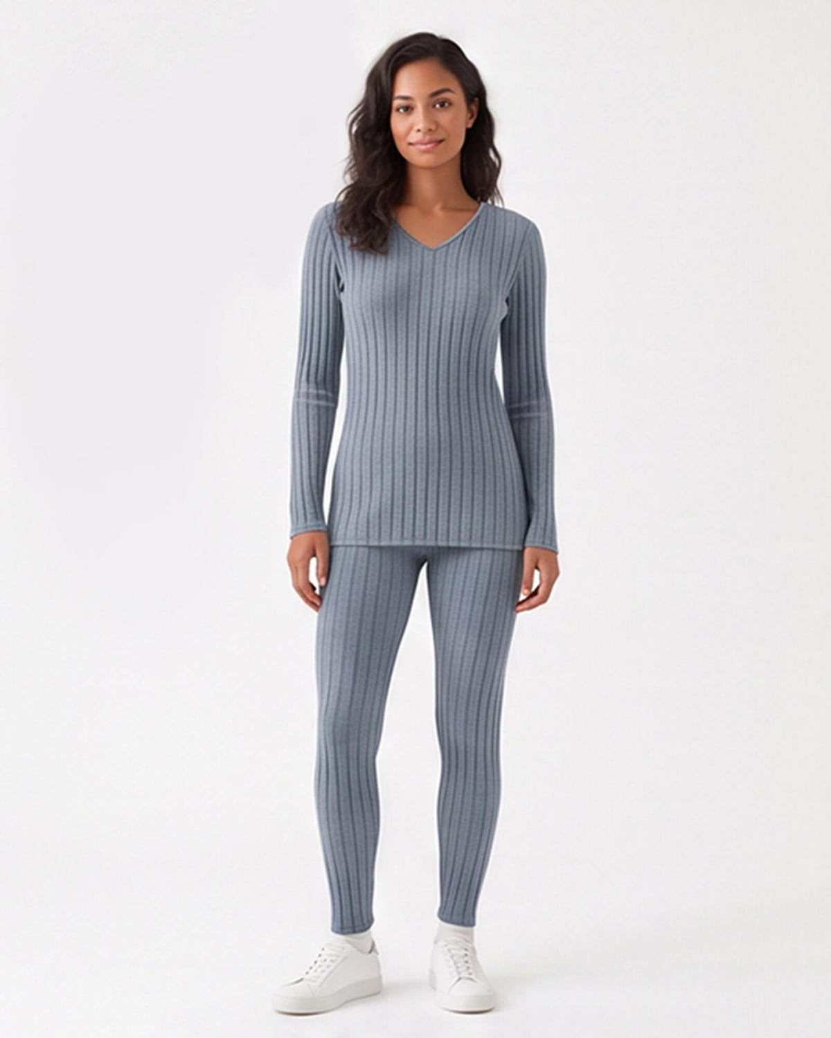 Ribbed V-Neck Long Sleeve Two-piece Set
