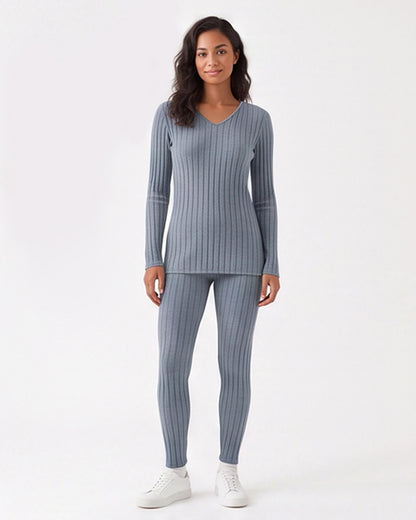 Ribbed V-Neck Long Sleeve Two-piece Set